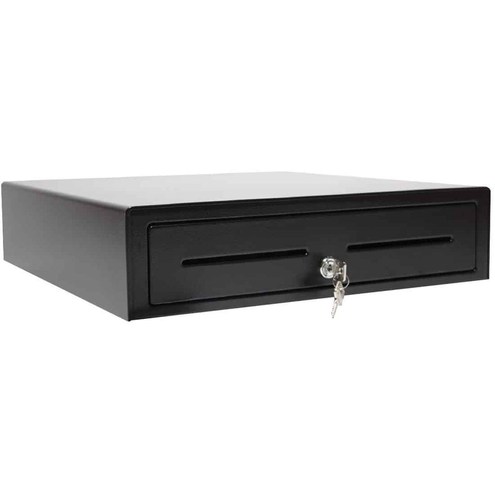 APG Vasario Series, Standard-Duty Cash Drawer, Multipro 24V, Black, Painted Front, 16X16, Dual Media Slots, Adjustable 5 Bill 8 Coin Till, Req
