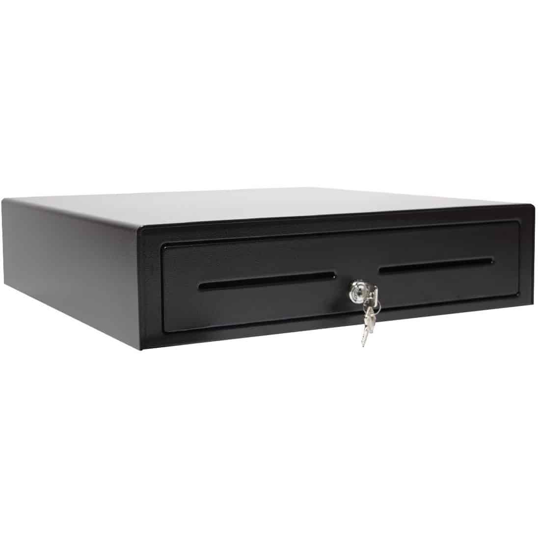 APG Vasario Series, Standard-Duty Cash Drawer, Multipro 24V, Black, Painted Front, 16X16, Dual Media Slots, Adjustable 5 Bill 8 Coin Till, Req