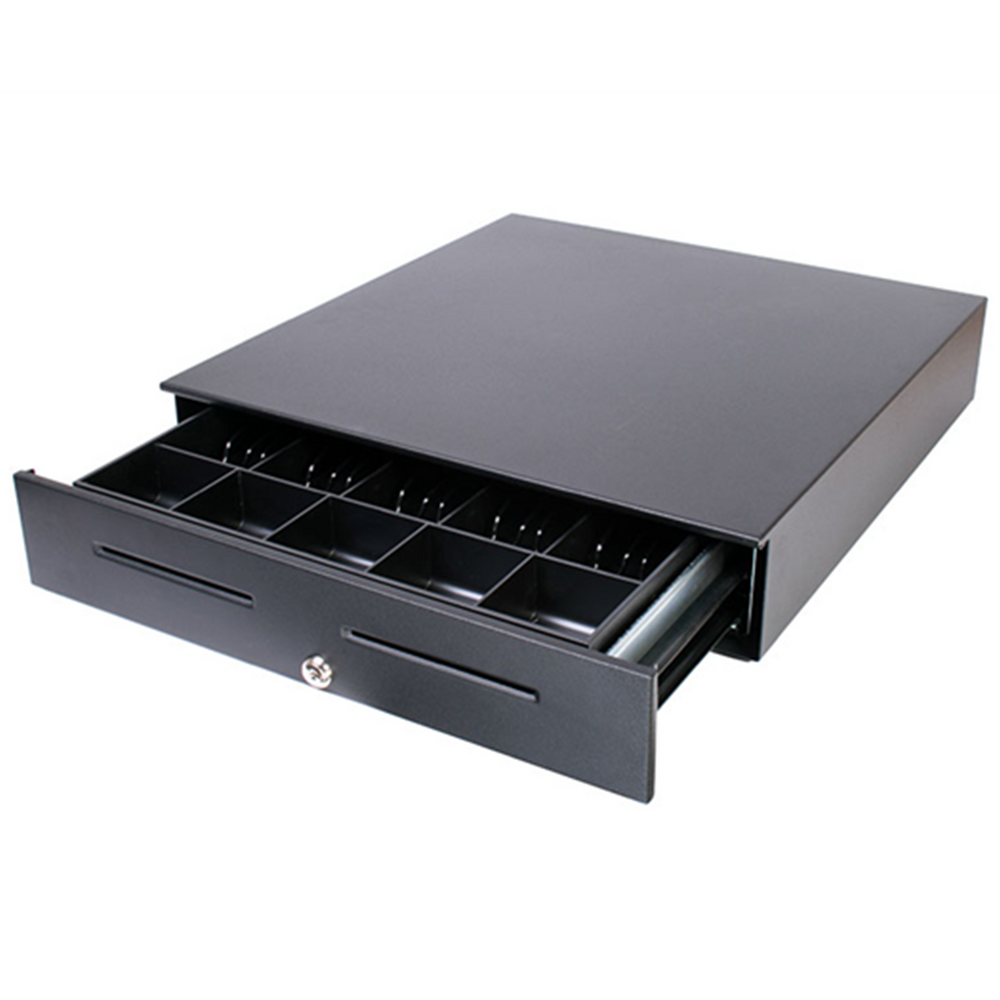 APG Vasario Series, Standard-Duty Cash Drawer, Manual, Push Button, Black, Painted Front. 16X16, Fixed 5X5 Till, No Cable Required, Seattle