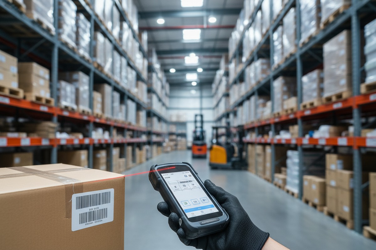 create a background image of a warehouse featuring a mobile computer scanning a  barcode