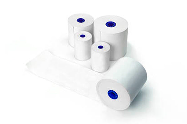 Paper Sticky TSP654SK: 80mm Width, 170 ft Length, 6 Rolls/Case, Linerless Label, Blue Core